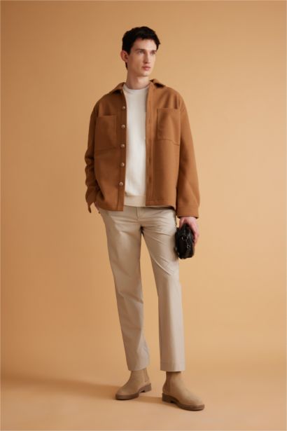 Relax Fit Polo Yaka Yün Görünümlü Gömlek Ceket