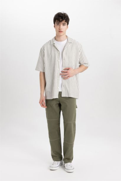 قميص مخطط نص ردن قصة مريحة