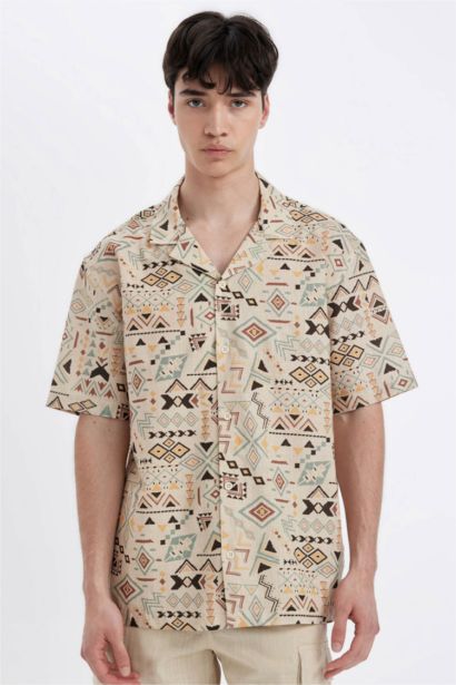 قميص نص كم قطن بنمط عرقي قصة عادية وياقة عالية