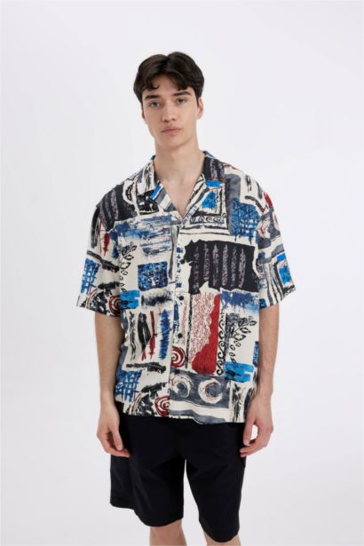 Relax Fit Printed Viscose Short Sleeve Shirt