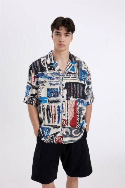 Relax Fit Printed Viscose Short Sleeve Shirt