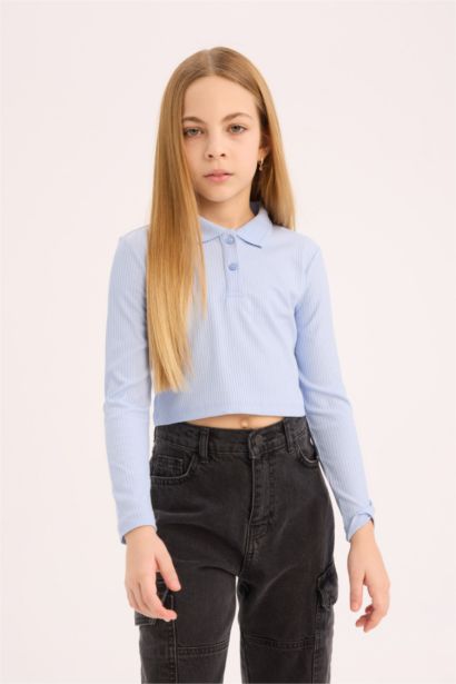 Polo Yaka Ribana Uzun Kollu Basic Düz Tişört Kız Çocuk