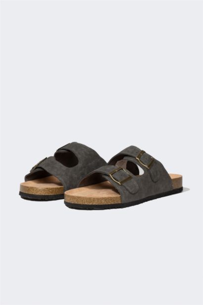 Man High Sole Double Banded Faux Leather Slippers