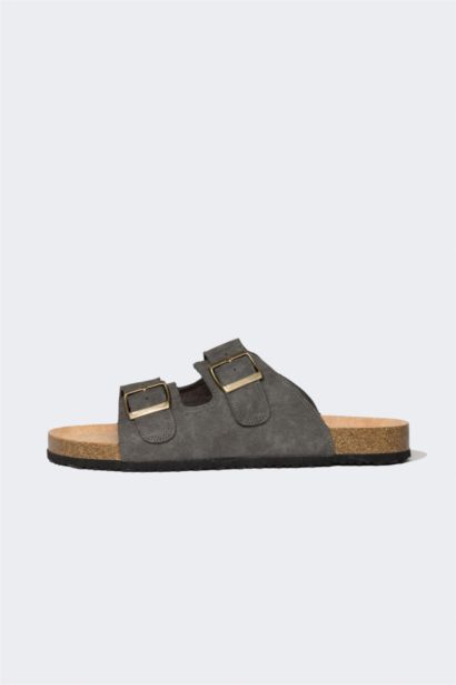 Man High Sole Double Banded Faux Leather Slippers