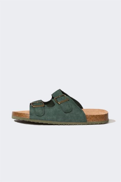 Man High Sole Double Banded Faux Leather Slippers