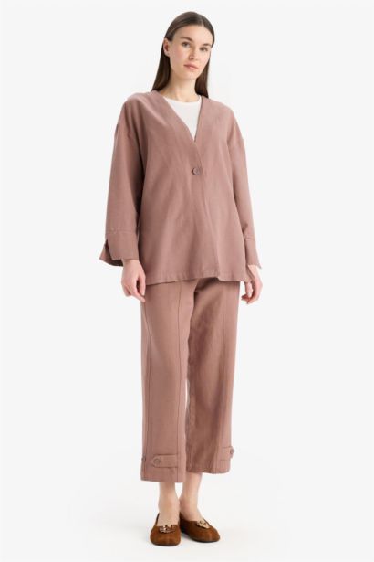 بنطلون كتان قصة عادية بني