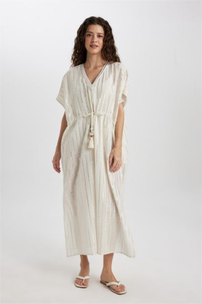 Çizgili Parlak Kumaş Plaj Elbisesi-Fall in Love