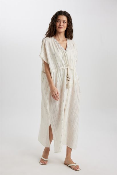 Çizgili Parlak Kumaş Plaj Elbisesi-Fall in Love