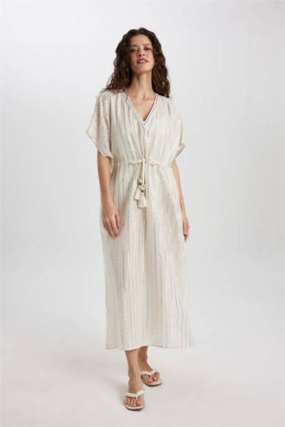 Çizgili Parlak Kumaş Plaj Elbisesi-Fall in Love