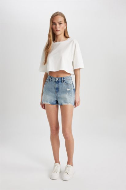 Джинсовые бермуды с высокой талией