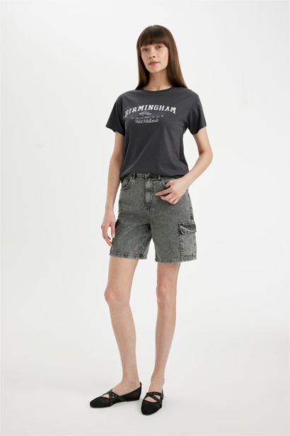 High Waist Denim Bermuda