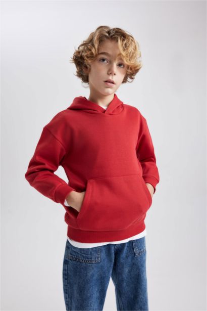 Erkek Çocuk Basic Düz Kapüşonlu Sweatshirt