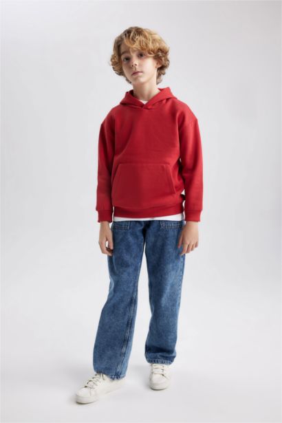 Erkek Çocuk Basic Düz Kapüşonlu Sweatshirt