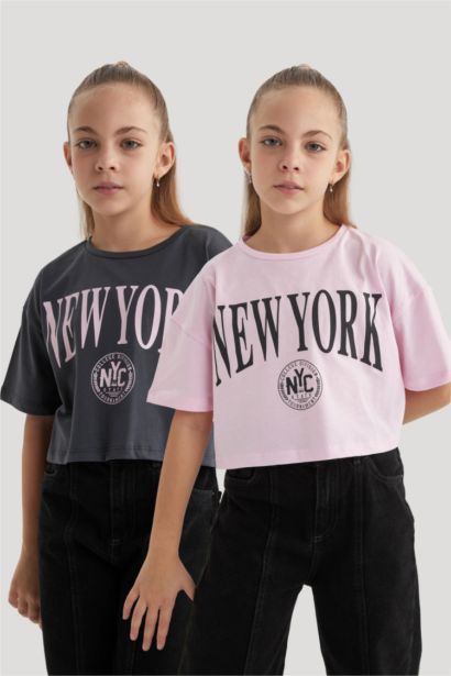 Crop Bisiklet Yaka 2'li Kısa Kollu Tişört Kız Çocuk