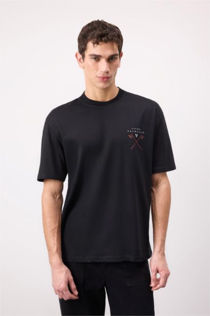 T-shirt en coton imprimé Vikings Valhalla à col rond et coupe boxy