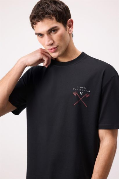 T-shirt en coton imprimé Vikings Valhalla à col rond et coupe boxy