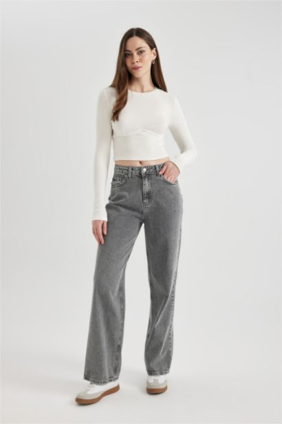 Wide Leg High Waist Cutaway Long Jeans