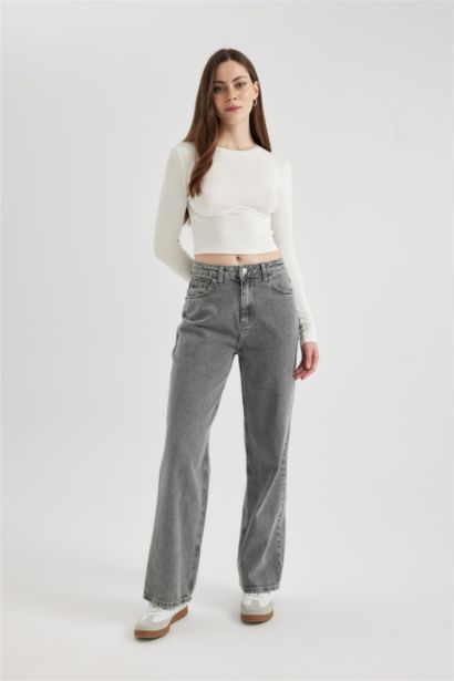 Wide Leg High Waist Cutaway Long Jeans