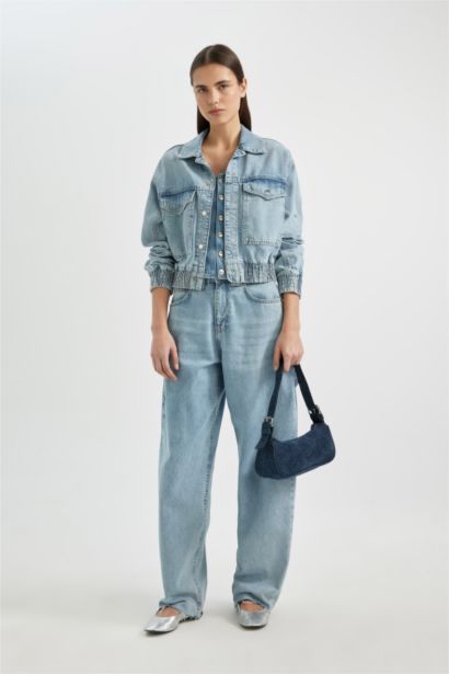 Polo Yaka Cepli Düğmeli Jean Bomber Ceket