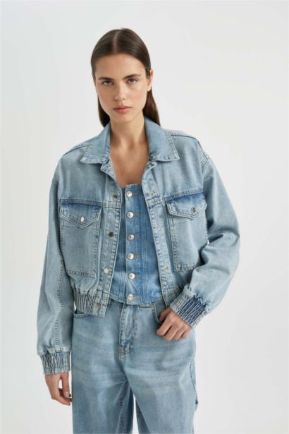 Polo Yaka Cepli Düğmeli Jean Bomber Ceket