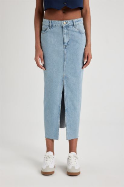 Long Fit Slit Maxi Denim Skirt