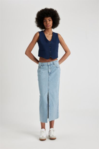 Long Fit Slit Maxi Denim Skirt