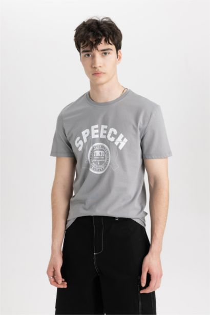 %100 Pamuk Slim Fit Dar Kesim Bisiklet Yaka Baskılı Kısa Kollu Tişört