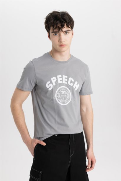 %100 Pamuk Slim Fit Dar Kesim Bisiklet Yaka Baskılı Kısa Kollu Tişört