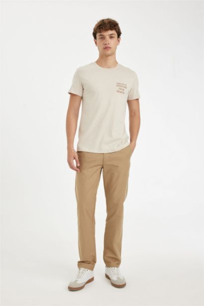 Slim Fit Dar Kesim Bisiklet Yaka Baskılı Kısa Kollu Tişört