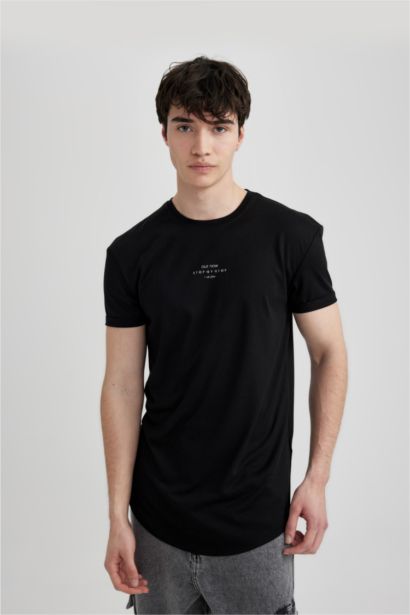 Long Muscle Fit Crew Neck Printed Short Sleeve T-Shirt