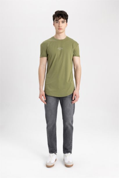 Long Muscle Fit Crew Neck Printed Short Sleeve T-Shirt