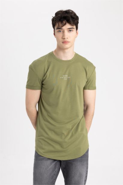 Long Muscle Fit Crew Neck Printed Short Sleeve T-Shirt