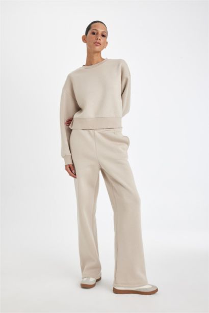 Straight Fit Beli Lastikli Eşofman Altı Yüksek Bel Cepli Kalın Basıc