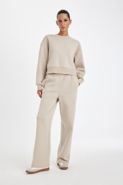 Straight Fit Beli Lastikli Eşofman Altı Yüksek Bel Cepli Kalın Basıc