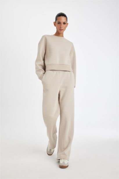 Straight Fit Beli Lastikli Eşofman Altı Yüksek Bel Cepli Kalın Basıc