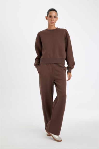 Straight Fit Kalın Kışlık Eşofman Altı Beli Lastikli Cepli Yüksek Bel Basıc