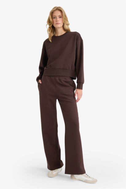 بنطرون بجامة رياضي تقيل سادة قصة مستقيمة وخصر عالي