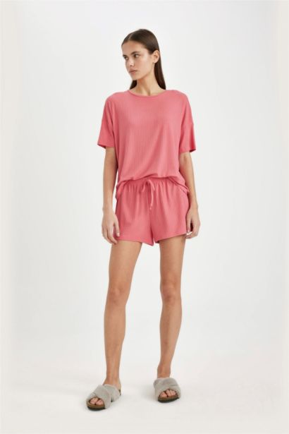 Pijama Takımı Ribana Kısa Kollu Üst Beli Lastikli Şort Altı-Fall in Love