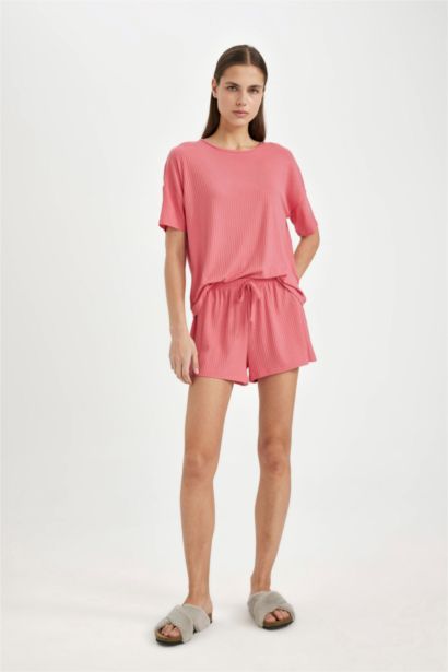 Pijama Takımı Ribana Kısa Kollu Üst Beli Lastikli Şort Altı-Fall in Love