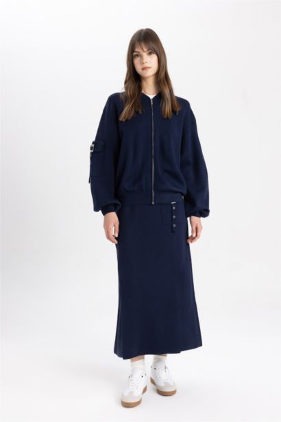 Kolej Yaka Basic Düz Fermuarlı Triko Bomber Hırka