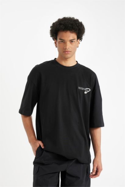 Black Loose Fit Crew Neck Back Printed Cotton T-Shirt