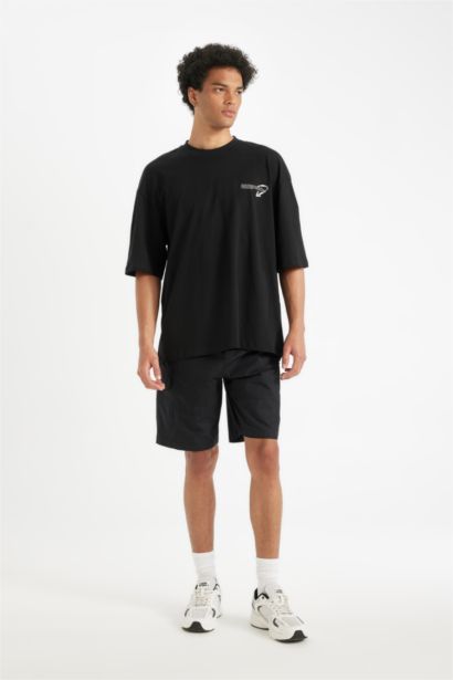 Black Loose Fit Crew Neck Back Printed Cotton T-Shirt