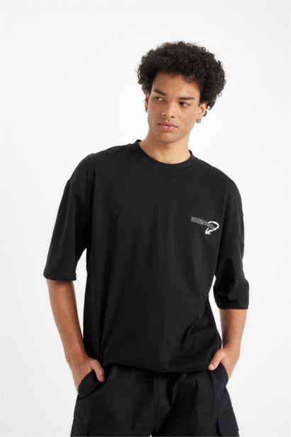 Black Loose Fit Crew Neck Back Printed Cotton T-Shirt