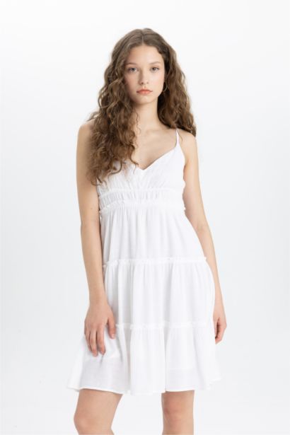 A-Line V-Neck Strap White Short Sleeve Dress