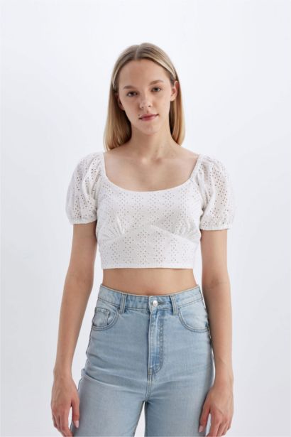 Slim Fit U Collar Embroidered Short Sleeve Blouse