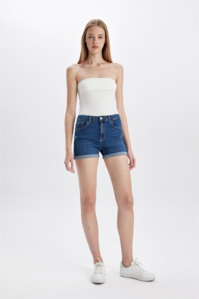High Waist Fold-Ankle Denim Shorts