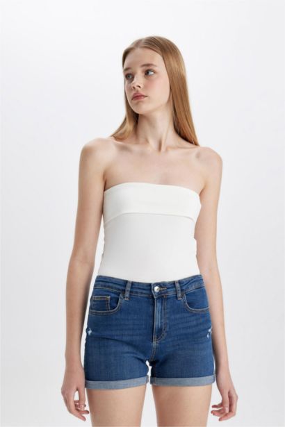 High Waist Fold-Ankle Denim Shorts