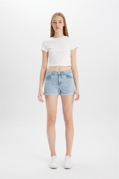 High Waist Fold-Ankle Denim Shorts