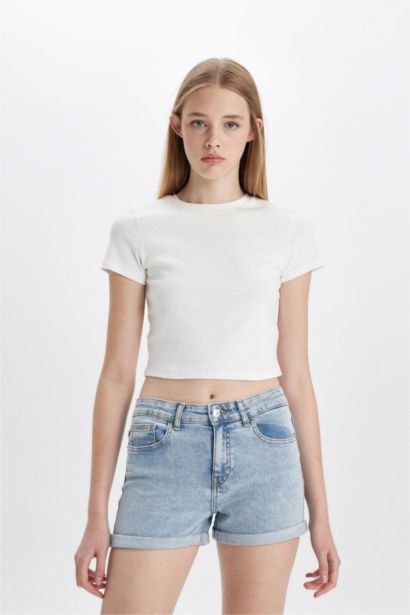 High Waist Fold-Ankle Denim Shorts