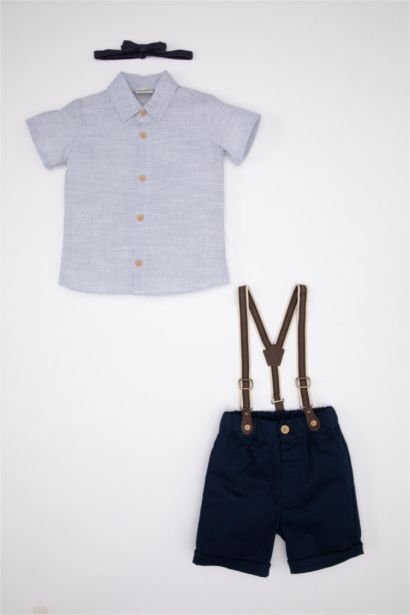 Baby Boy Striped Shirt Shorts Bow Tie Suspender 4 Piece Set